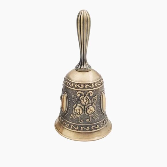 Hand Bell Call Bell Brass Wedding Christmas Bell Floral Design Vintage Style - Picture 1 of 6